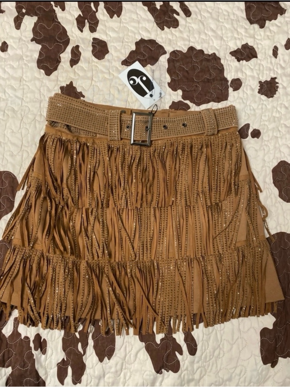 Fringed Mini Skirt with Studded Belt - Tan